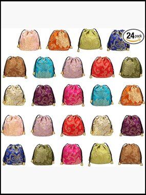 Set of 24 Drawstring Jewelry Pouches Silk Brocade Gift Bags Bulk Party Favors